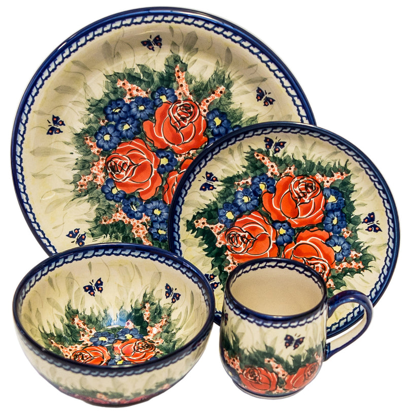 Boleslawiec Polish Pottery UNIKAT Dinnerware 4 Pcs Place Setting "Wild Roses"