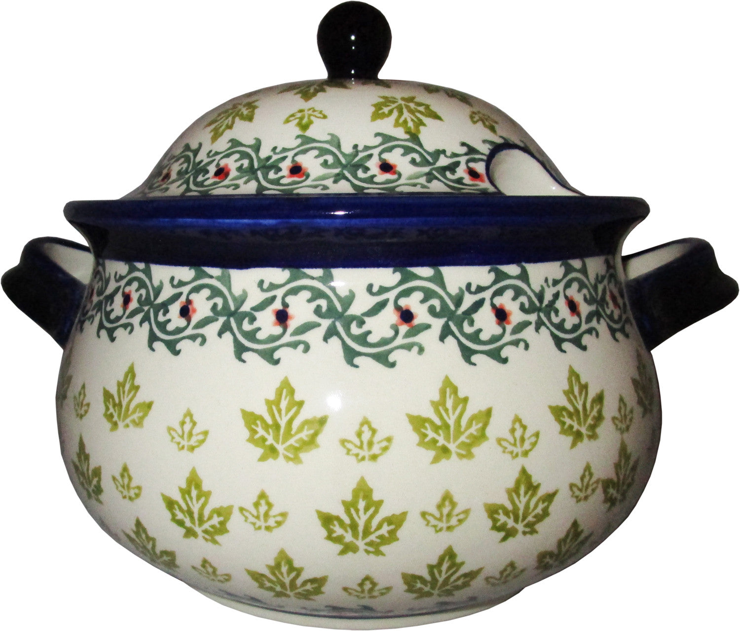 Hand-Painted Polish Pottery Soup Tureen With Ladle - Boleslawiec Peacock Pattern, 13.4 Cup Capacity