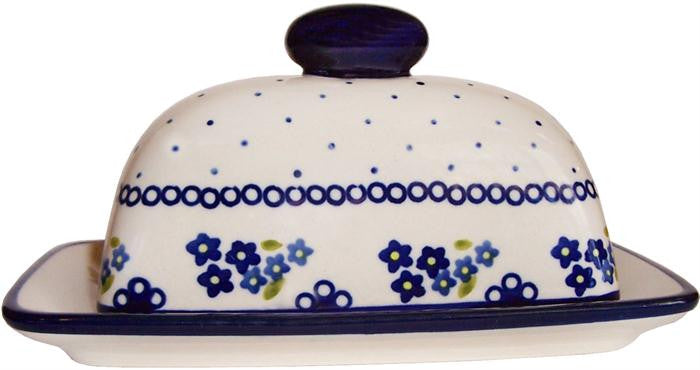 Boleslawiec Polish Pottery UNIKAT American Style Butter Dish "Forget Me Not"