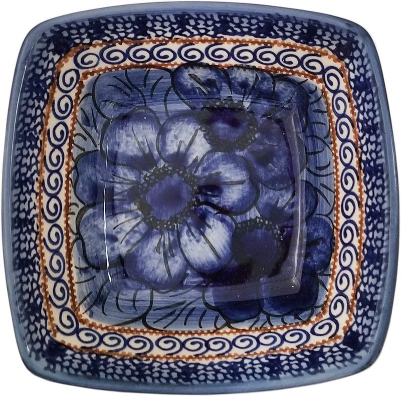 Boleslawiec Polish Pottery Unikat Serving or Ice Cream Square Bowl "Blue Garden"