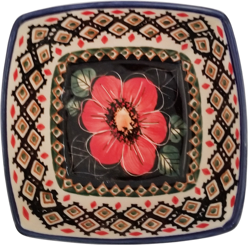 Boleslawiec Polish Pottery Unikat Serving or Ice Cream Square Bowl "Red Garden"