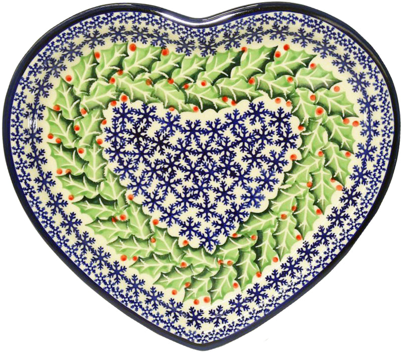 Boleslawiec Polish Pottery Christmas Heart Shape Serving Plate "Holly"