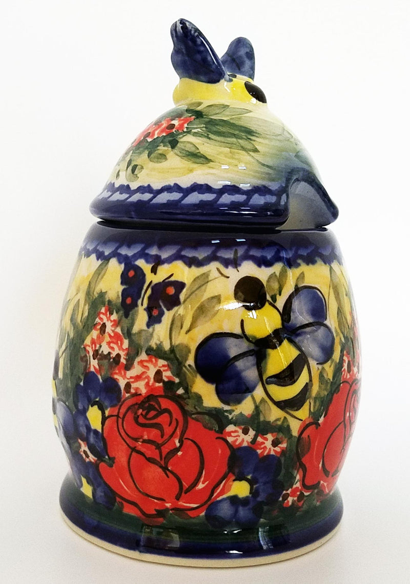 Boleslawiec Polish Pottery UNIKAT Honey Pot or Jam Jar "Wild Roses"