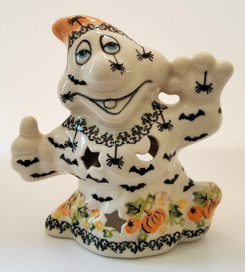 Boleslawiec Polish Pottery Halloween Ghost Statuette with Bats and Spiders