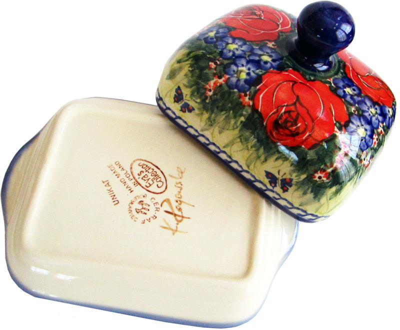 Boleslawiec Polish Pottery UNIKAT Butter Dish "Wild Roses"