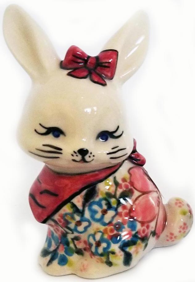 Boleslawiec Polish Pottery UNIKAT Easter Bunny Decoration 2 with Red Bow