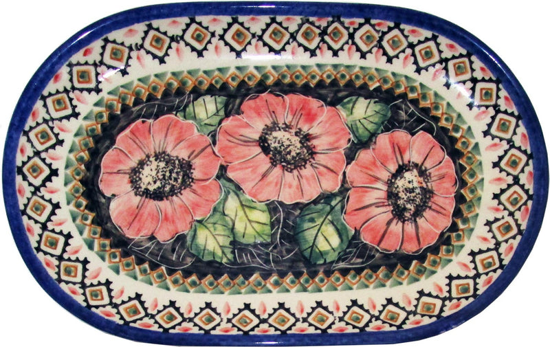 Boleslawiec Polish Pottery UNIKAT Serving Platter 9.25" long "Red Garden"