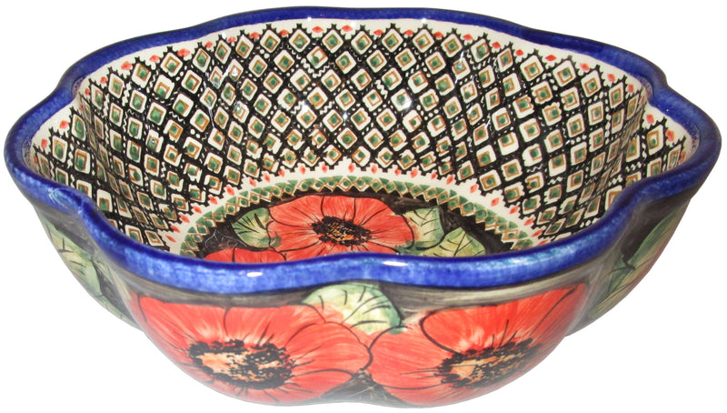 Boleslawiec Polish Pottery UNIKAT Large Scalloped Bowl "Red Garden"