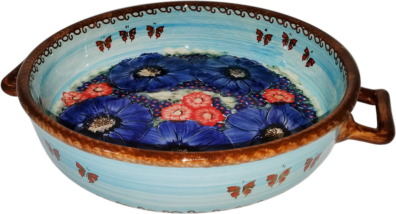 Boleslawiec Polish Pottery UNIKAT Round Baker with Handles "Blue Sky Meadow"
