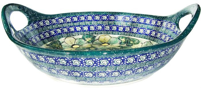Boleslawiec Polish Pottery UNIKAT Large Serving Bowl with Handles "Green Garden"