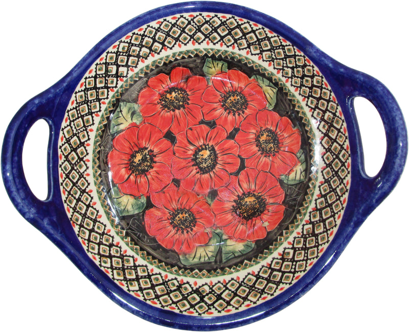 Boleslawiec Polish Pottery UNIKAT Large Serving Bowl with Handles "Red Garden"