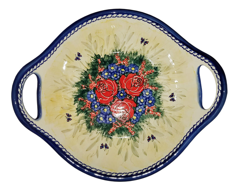 Boleslawiec Polish Pottery UNIKAT Large Serving Bowl with Handles "Wild Roses"