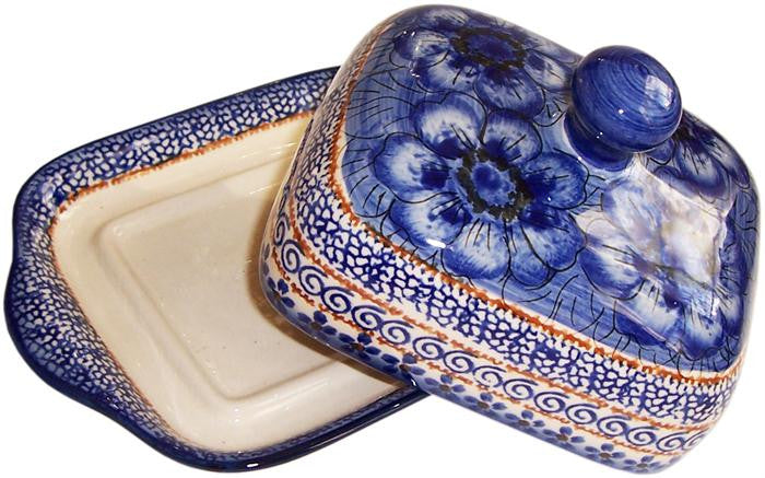 Boleslawiec Polish Pottery UNIKAT Butter Dish "Blue Garden"