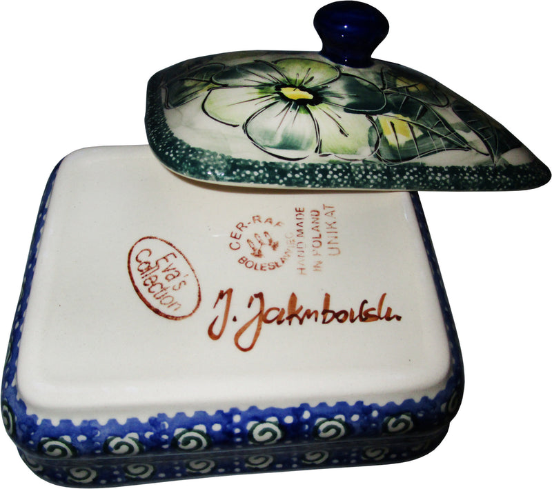 Boleslawiec Polish Pottery UNIKAT Butter Dish, Serving or Storage Box "Green Garden"