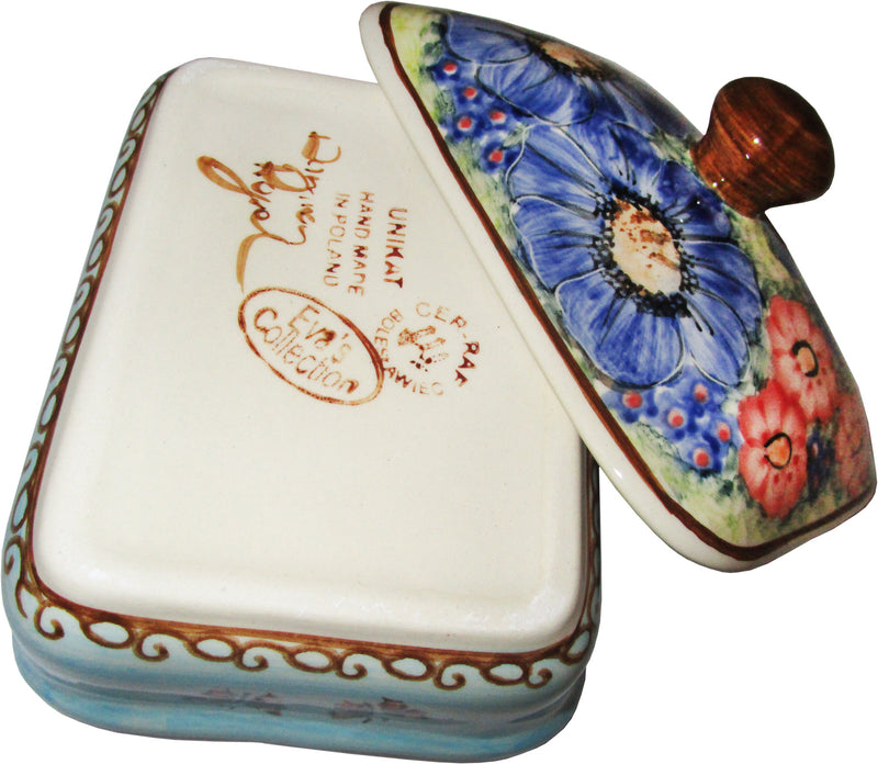 Boleslawiec Polish Pottery UNIKAT Butter Dish, Serving or Storage Box "Blue Sky Meadow"