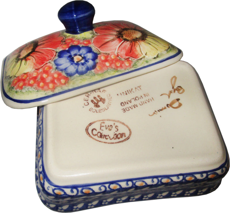 Boleslawiec Polish Pottery UNIKAT Butter Dish, Serving or Storage Box "Flower Field"