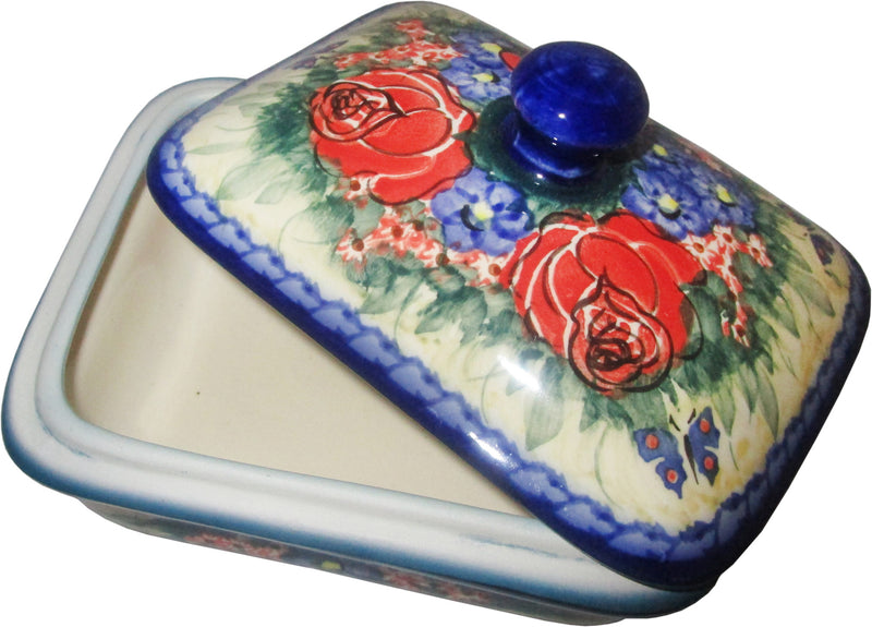 Boleslawiec Polish Pottery UNIKAT Butter Dish, Serving or Storage Box "Wild Roses"