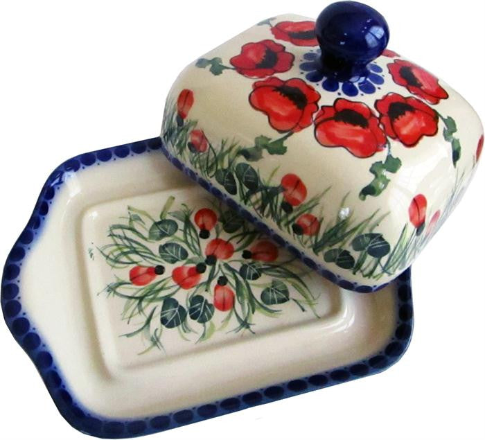 Boleslawiec Polish Pottery UNIKAT Butter or Cheese Dish "Poppy Field"