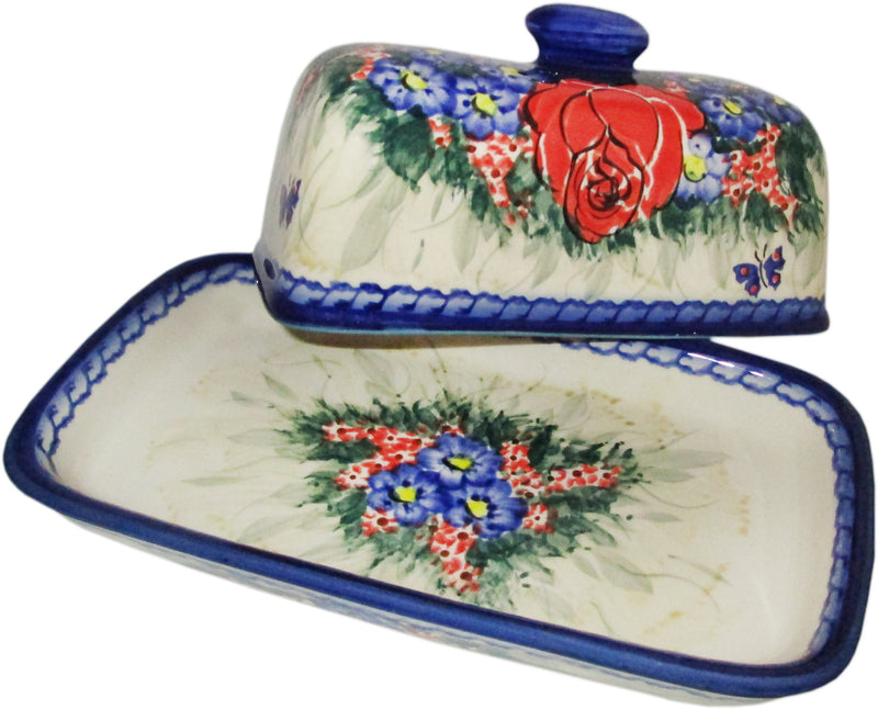 Boleslawiec Polish Pottery UNIKAT One Stick Butter Dish American Style "Wild Roses"