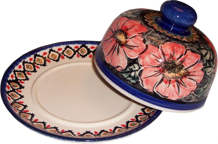 Boleslawiec Polish Pottery UNIKAT Covered Cheese or Butter Dish "Red Garden"