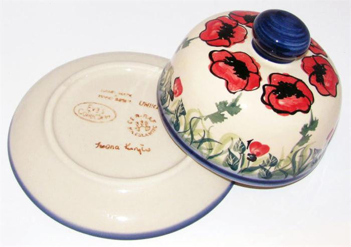 Boleslawiec Polish Pottery UNIKAT Covered Cheese or Butter Dish "Poppy Field"