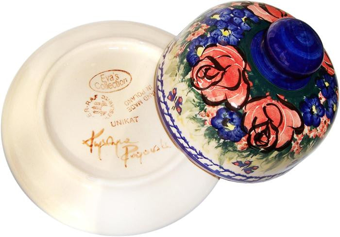 Boleslawiec Polish Pottery UNIKAT Covered Cheese or Butter Dish "Wild Roses"