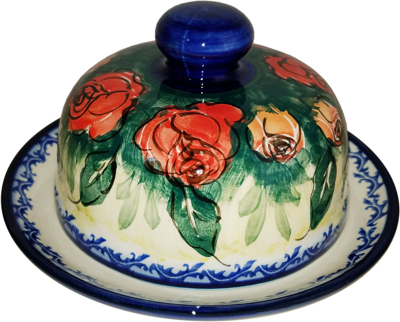 Boleslawiec Polish Pottery UNIKAT Covered Butter or Cheese Dish "Rose Garden"