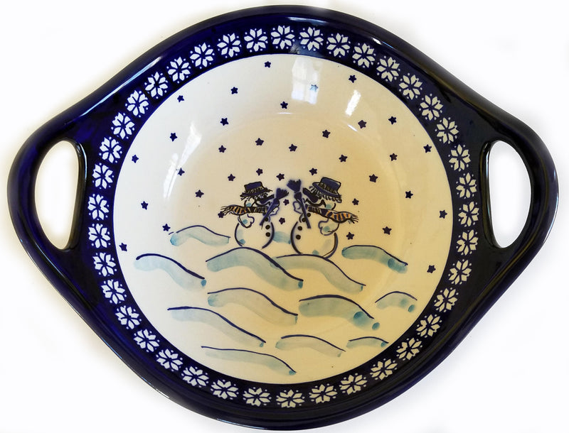 Boleslawiec Polish Pottery UNIKAT Small Bowl with Handles "Snowman"