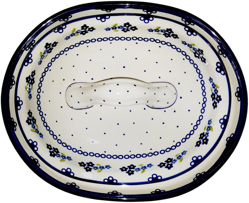 Boleslawiec Polish Pottery UNIKAT Oval Baker with Cover "Forget Me Not"