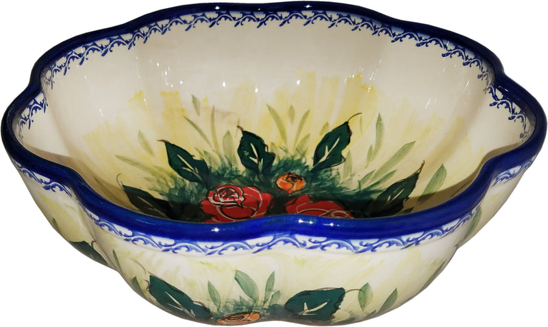 Boleslawiec Stoneware Polish Pottery UNIKAT XLarge Scalloped Bowl "Rose Garden"