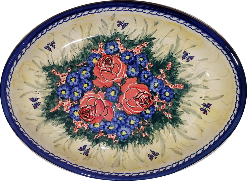 Boleslawiec Polish Pottery UNIKAT Large Oval Baker "Wild Roses"