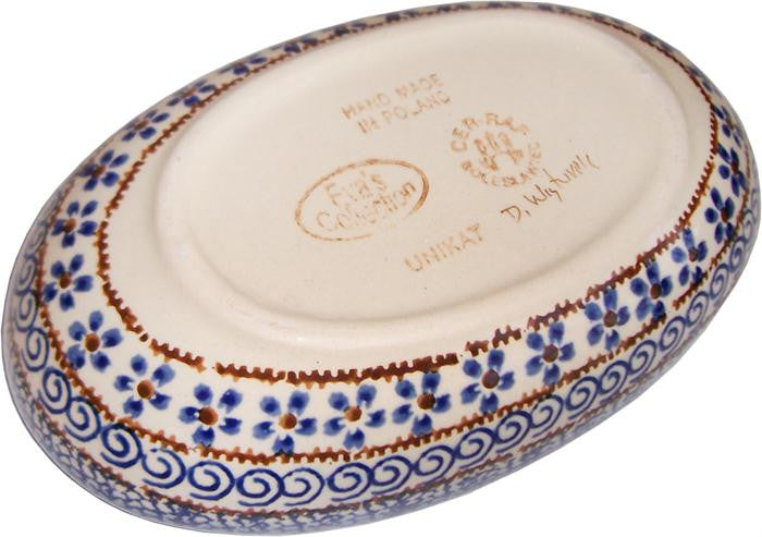 Boleslawiec Polish Pottery UNIKAT Small Oval Baking Dish "Blue Garden"
