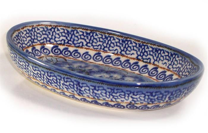 Boleslawiec Polish Pottery UNIKAT Small Oval Baking Dish "Blue Garden"