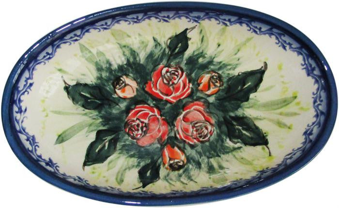 Boleslawiec Polish Pottery UNIKAT Small Oval Baking Dish "Rose Garden"