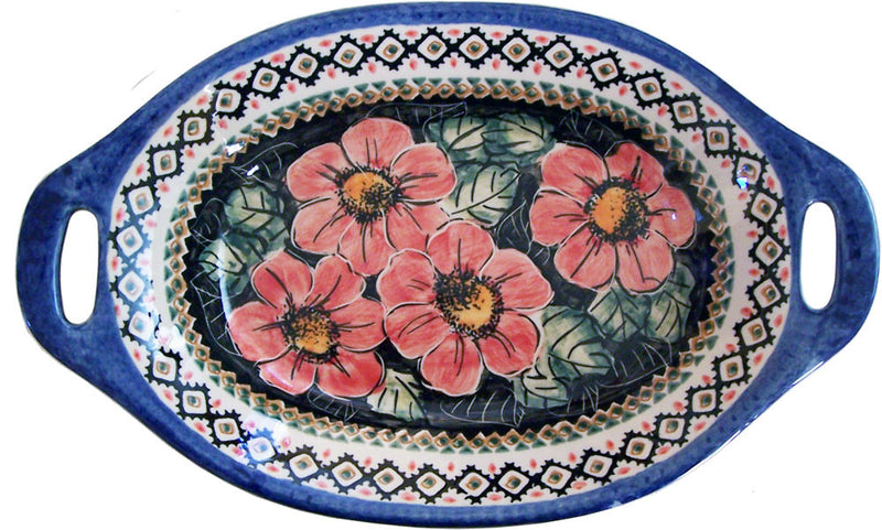 Boleslawiec Polish Pottery UNIKAT Serving or Baking Dish with Handles "Red Garden"