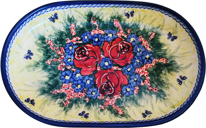 Boleslawiec Polish Pottery UNIKAT Serving Platter 9.25" long "Wild Roses"