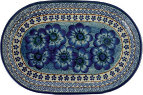 Boleslawiec Polish Pottery UNIKAT 11" long Serving Platter "Blue Garden"
