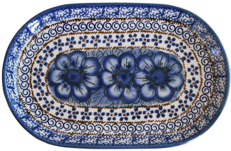 Boleslawiec Polish Pottery UNIKAT Serving Platter 9.25" long "Blue Garden"