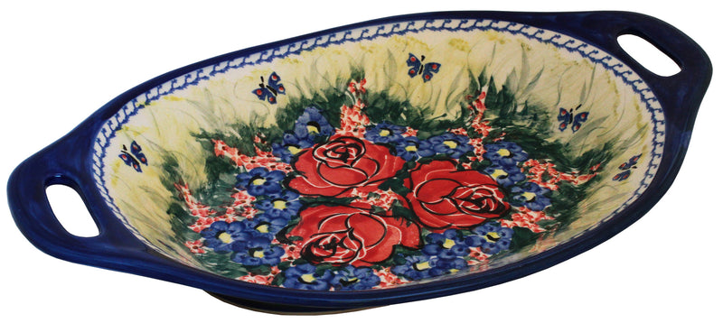 Boleslawiec Polish Pottery UNIKAT Serving or Baking Dish with Handles "Wild Roses""