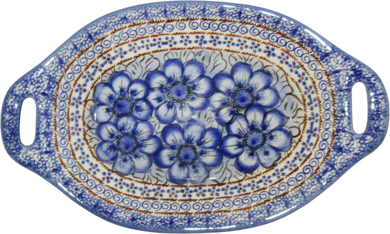 Boleslawiec Polish Pottery UNIKAT Serving or Baking Dish with Handles "Blue Garden"
