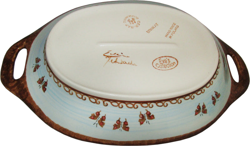 Boleslawiec Polish Pottery UNIKAT Serving or Baking Dish with Handles "Blue Sky Meadow"