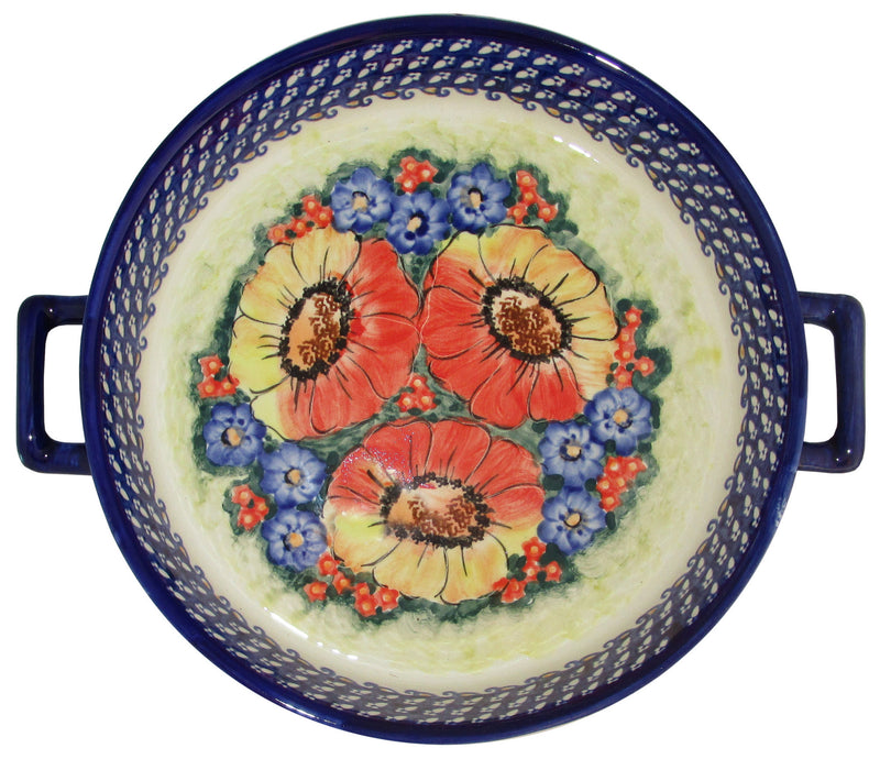Boleslawiec Polish Pottery UNIKAT Round Baker with Handles "Flower Field"