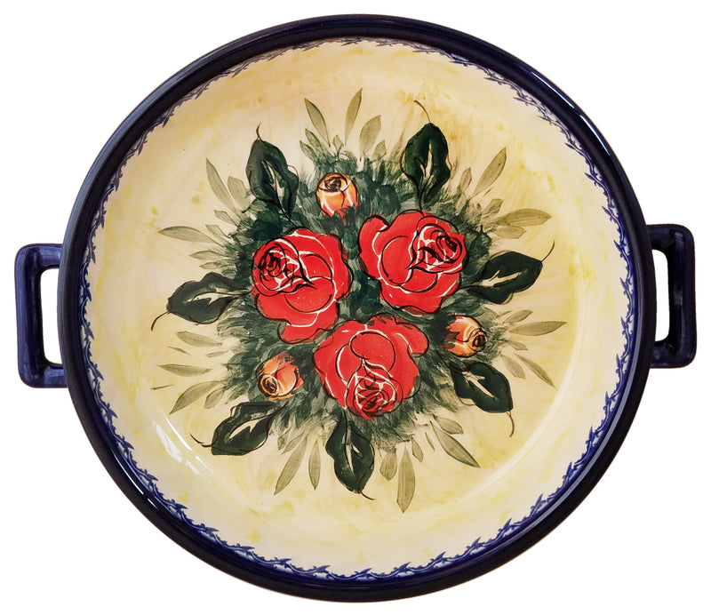 Boleslawiec Polish Pottery UNIKAT Round Baker with Handles "Rose Garden"
