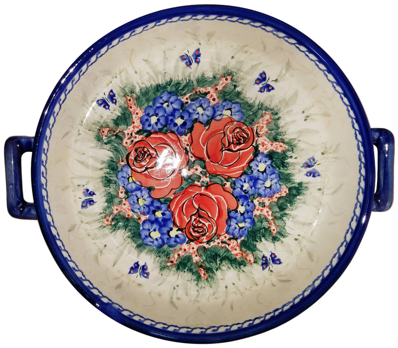 Boleslawiec Polish Pottery UNIKAT Round Baker with Handles "Wild Roses"