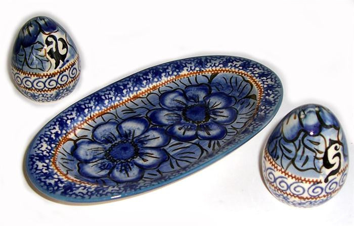 Boleslawiec Polish Pottery UNIKAT Salt and Pepper Set "Blue Garden"