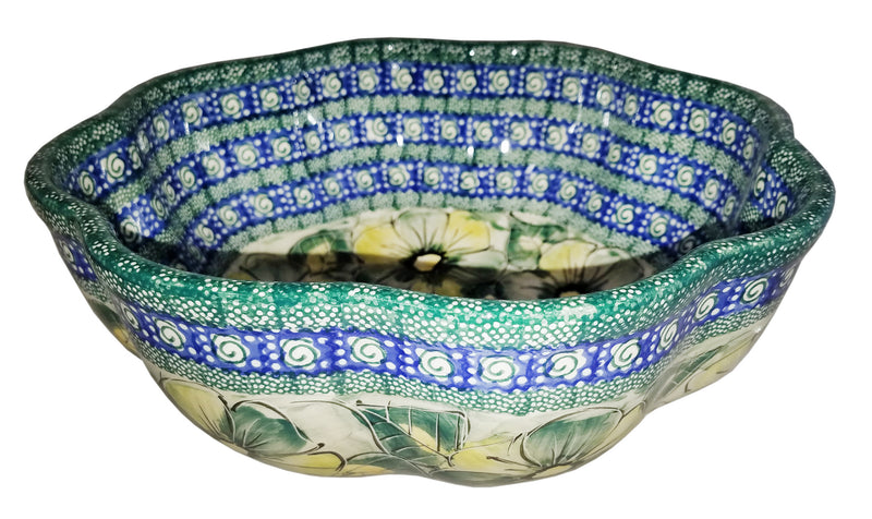Boleslawiec Polish Pottery UNIKAT Large Scalloped Bowl "Green Garden"