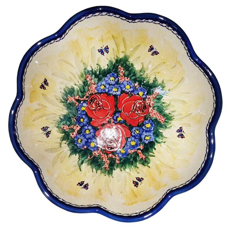 Boleslawiec Stoneware Polish Pottery UNIKAT XLarge Scalloped Bowl "Wild Roses"