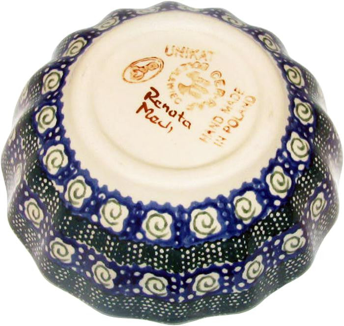 Boleslawiec Polish Pottery UNIKAT Medium Scalloped Bowl "Green Garden"