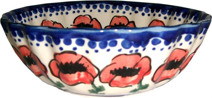 Boleslawiec Polish Pottery UNIKAT Ice Cream Scalloped Bowl "Poppy Field"