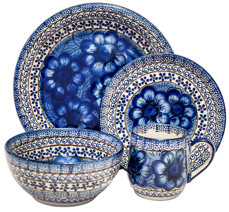 Boleslawiec Polish Pottery UNIKAT Dinnerware 4 Pcs Place Setting "Blue Garden"